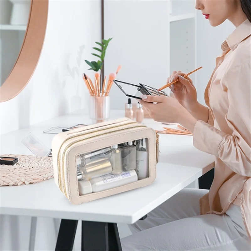 Travel Transparent PVC Double Layer Waterproof PU Leather Cosmetic Bag - Khaki