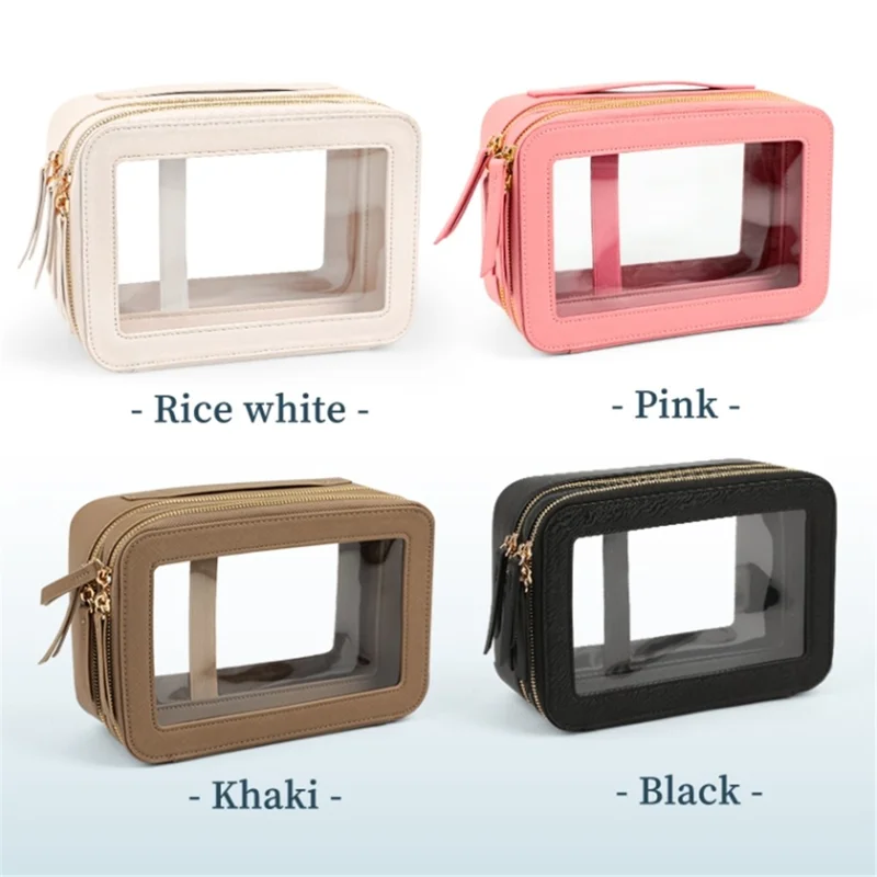 Travel Transparent PVC Double Layer Waterproof PU Leather Cosmetic Bag - Khaki