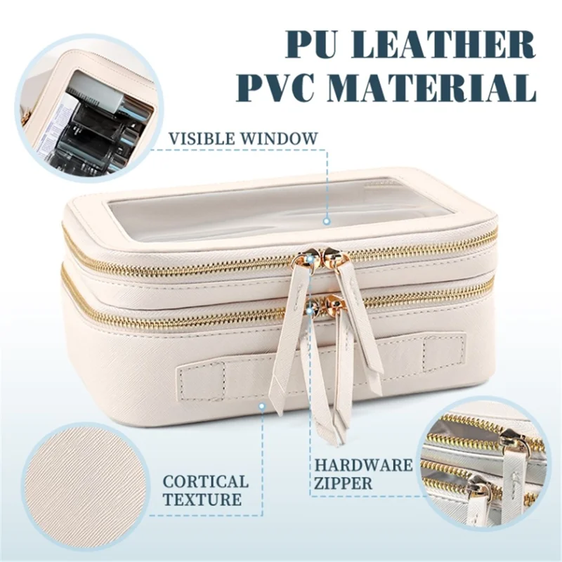 Travel Transparent PVC Double Layer Waterproof PU Leather Cosmetic Bag - Khaki