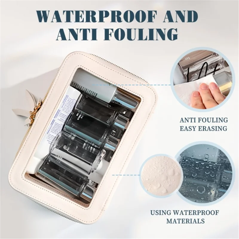 Travel Transparent PVC Double Layer Waterproof PU Leather Cosmetic Bag - Khaki