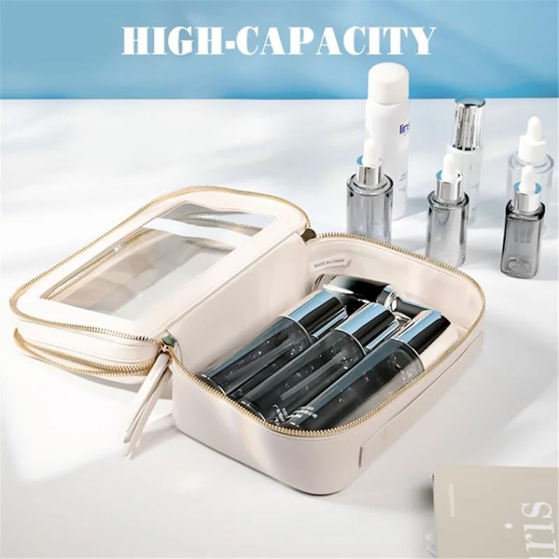 Travel Transparent PVC Double Layer Waterproof PU Leather Cosmetic Bag - Khaki