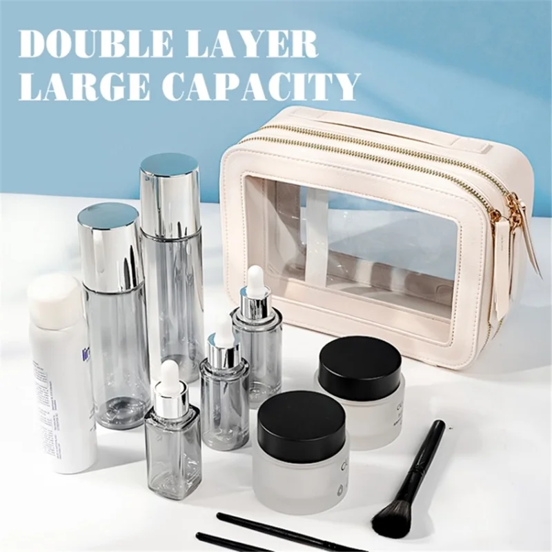 Travel Transparent PVC Double Layer Waterproof PU Leather Cosmetic Bag - Khaki
