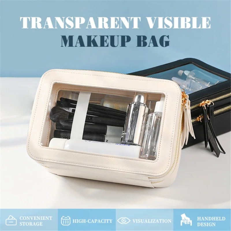 Travel Transparent PVC Double Layer Waterproof PU Leather Cosmetic Bag - Khaki