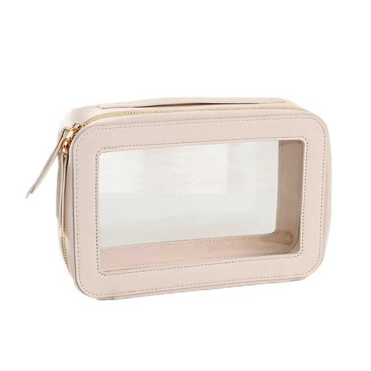 Bolsa de Maquiagem Transparente de Camada Única Impermeável em Couro PU - Bege