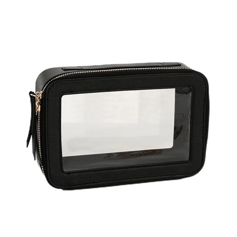 Single Layer Transparent Makeup Bag Waterproof PU Leather Cosmetic Bag - Black