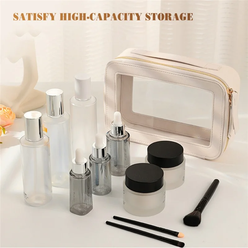 Single Layer Transparent Makeup Bag Waterproof PU Leather Cosmetic Bag - Black