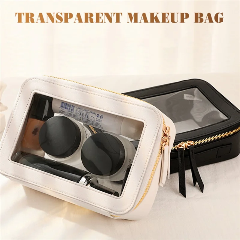 Single Layer Transparent Makeup Bag Waterproof PU Leather Cosmetic Bag - Black