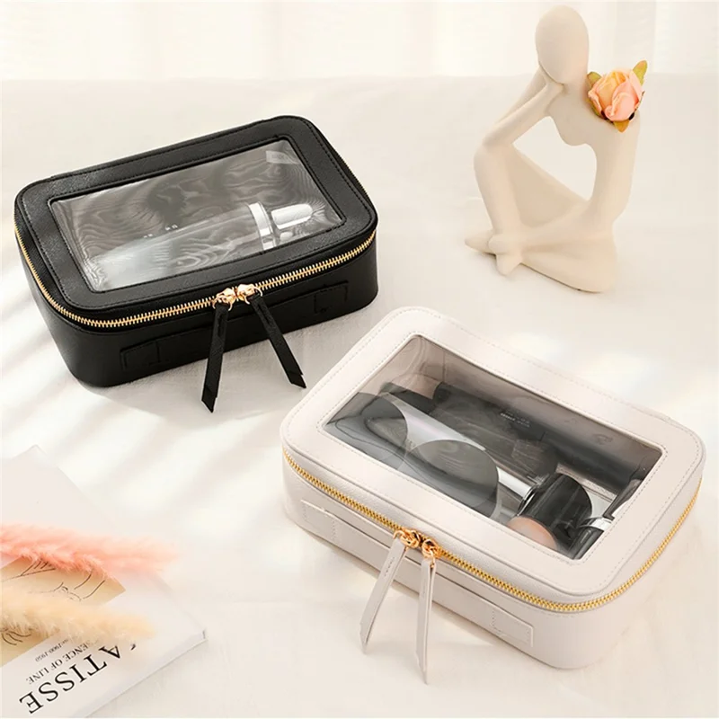 Single Layer Transparent Makeup Bag Waterproof PU Leather Cosmetic Bag - Black