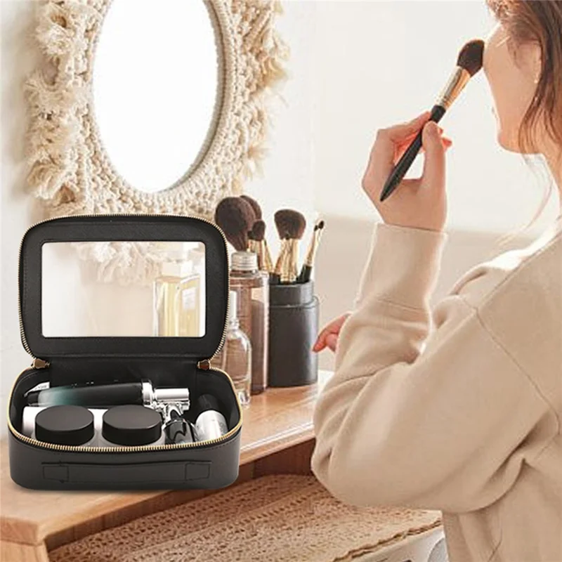 Single Layer Transparent Makeup Bag Waterproof PU Leather Cosmetic Bag - Black