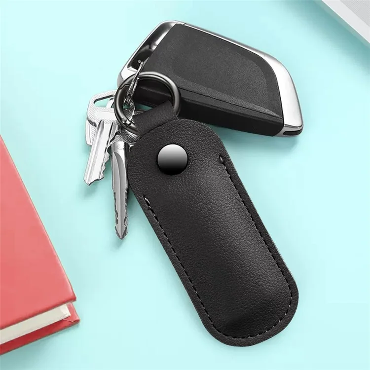 PU Leather U-disk Memory Card Storage Bag Anti-lost Protective Cover with Keyring - Black
