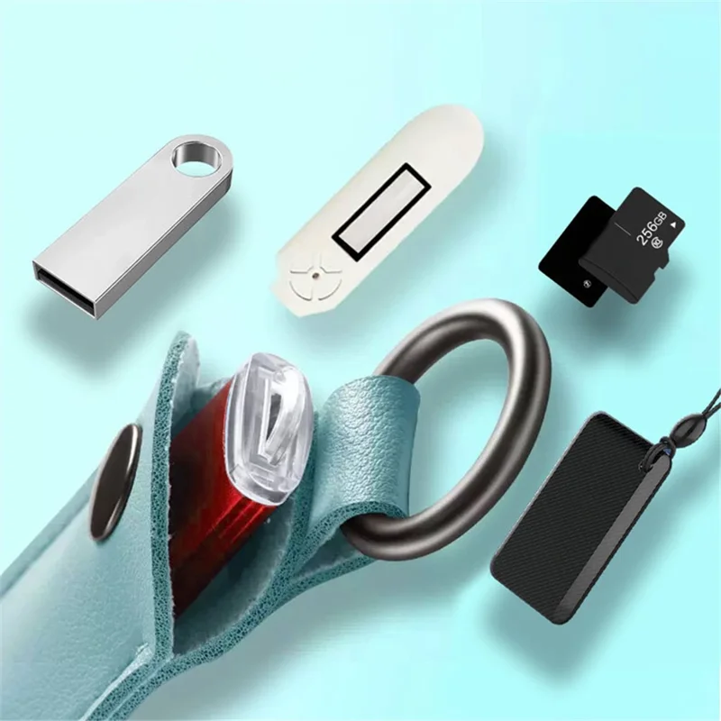 PU Leather U-disk Memory Card Storage Bag Anti-lost Protective Cover with Keyring - Lake Green