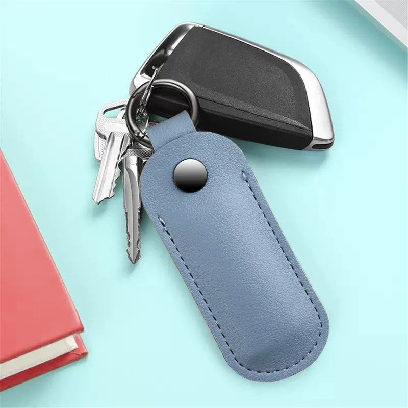 PU Leather U-disk Memory Card Storage Bag Anti-lost Protective Cover with Keyring - Gray Blue