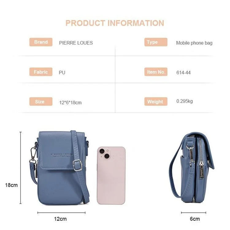 PIERRE LOUES PL614-44 PU Leather Women Crossbody Bag Phone Cosmetics Carrying Bag - Blue