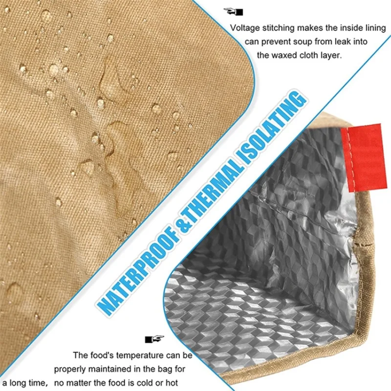 Waterproof Waxed Canvas Insulated Bag Aluminum Foil Reusable Lunch Thermal Bag