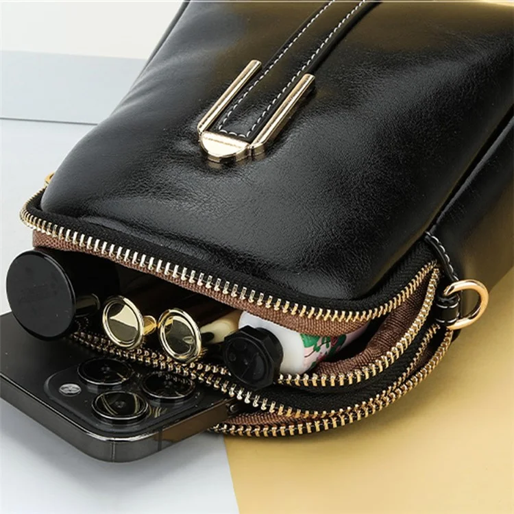 BAELLERRY N8923 Bolsa Transversal Vertical Mini de Couro Pu Encerado para Mulheres com Duas Camadas - Preta