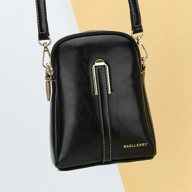 BAELLERRY N8923 Bolsa Transversal Vertical Mini de Couro Pu Encerado para Mulheres com Duas Camadas - Preta