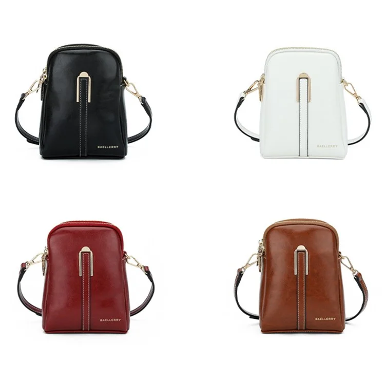 BAELLERRY N8923 Bolsa Transversal Vertical Mini de Couro Pu Encerado para Mulheres com Duas Camadas - Preta