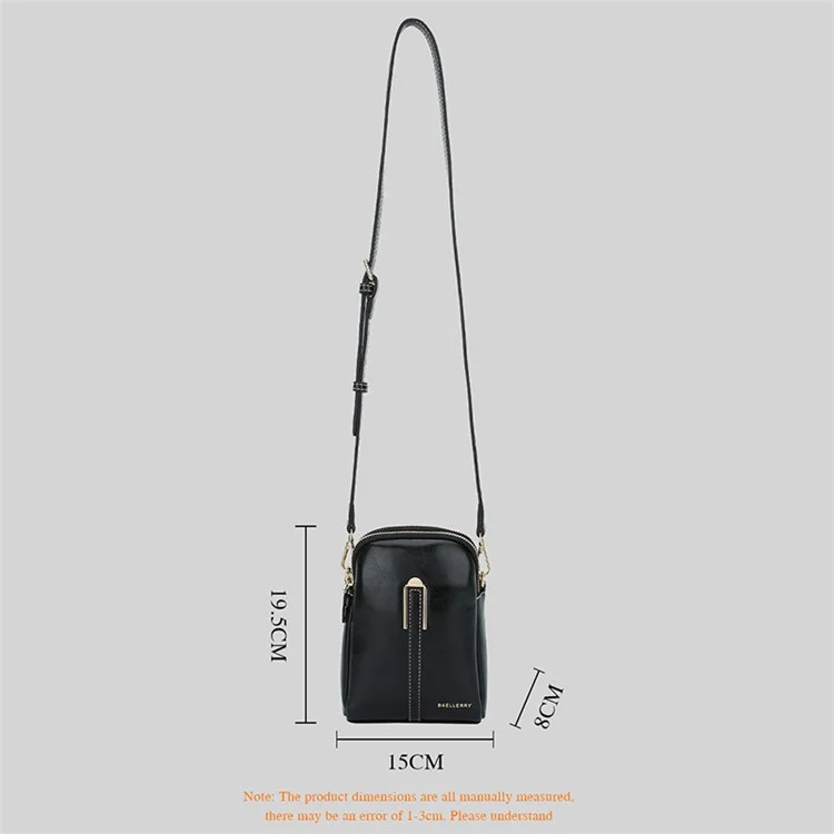 BAELLERRY N8923 Bolsa Transversal Vertical Mini de Couro Pu Encerado para Mulheres com Duas Camadas - Preta