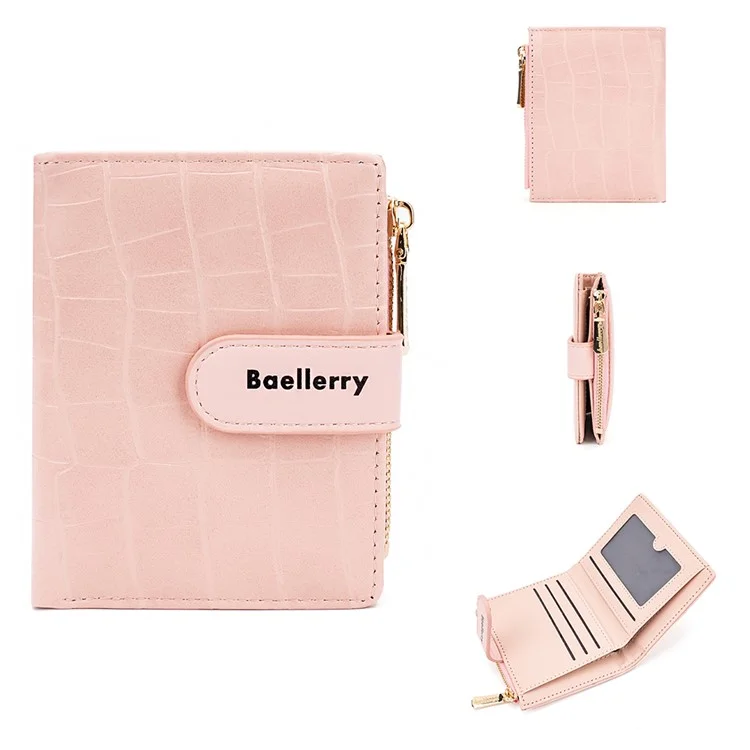 BAELLERRY N8327 Carteira Feminina Dobrável de Couro PU com Textura de Pedra - Rosa 