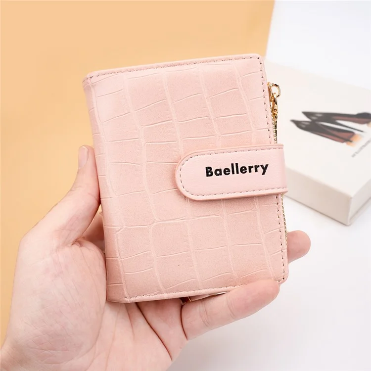 BAELLERRY N8327 Carteira Feminina Dobrável de Couro PU com Textura de Pedra - Rosa 