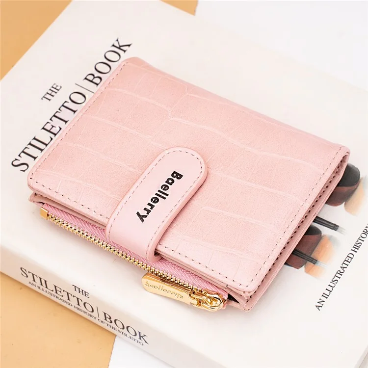 BAELLERRY N8327 Carteira Feminina Dobrável de Couro PU com Textura de Pedra - Rosa 