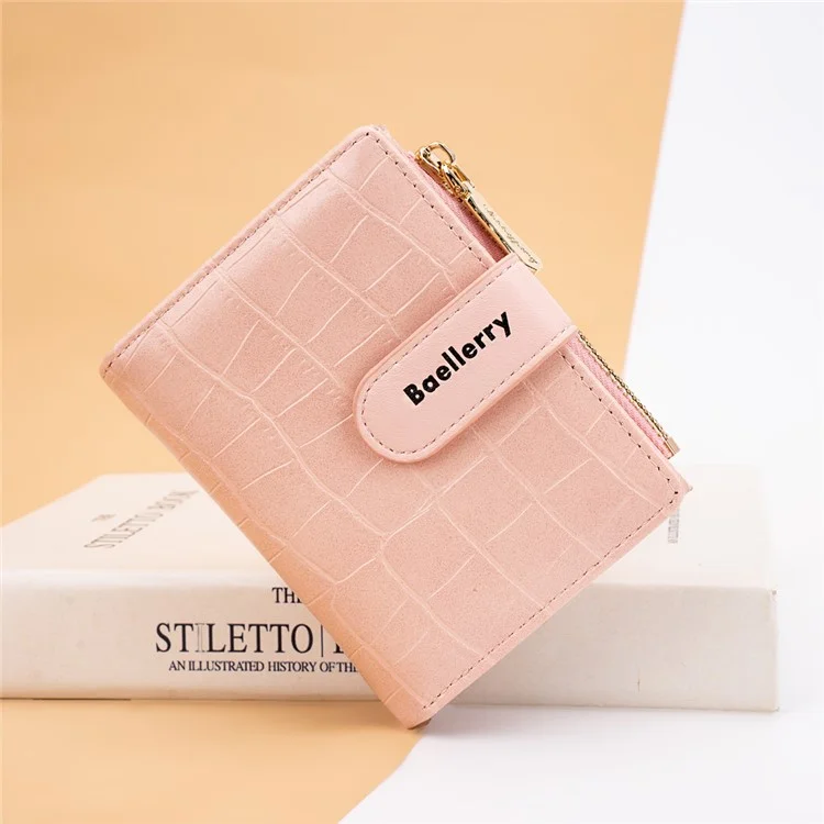 BAELLERRY N8327 Carteira Feminina Dobrável de Couro PU com Textura de Pedra - Rosa 