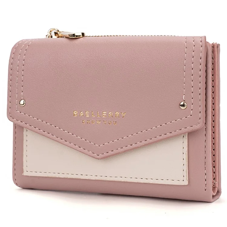 BAELLERRY N8326 Splicing Color Teen Girls Wallet PU Leather Card Storage Holder Pouch - Pink