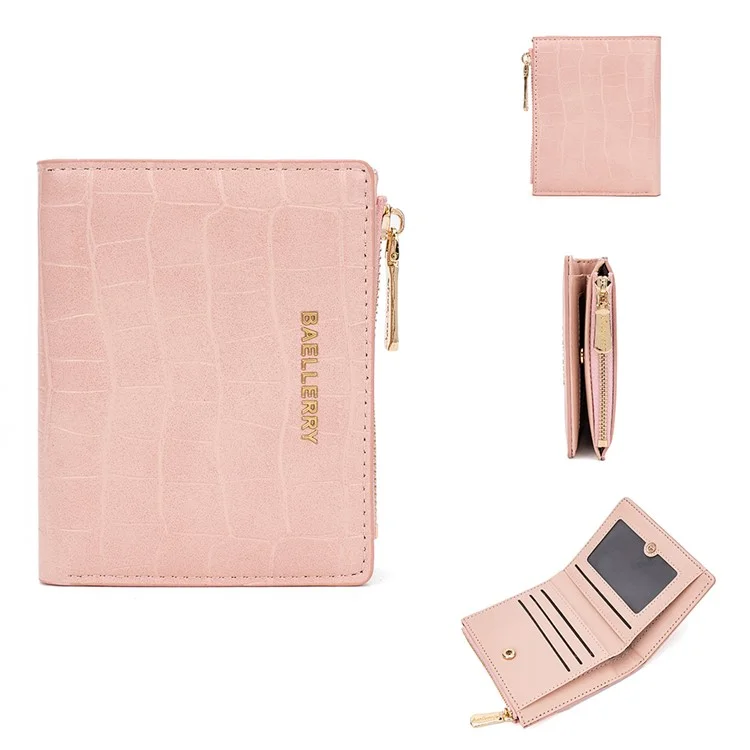 BAELLERRY N8325 Femmes Portefeuille Court en Cuir PU Texture de Pierre avec Fermeture Éclair - Rose