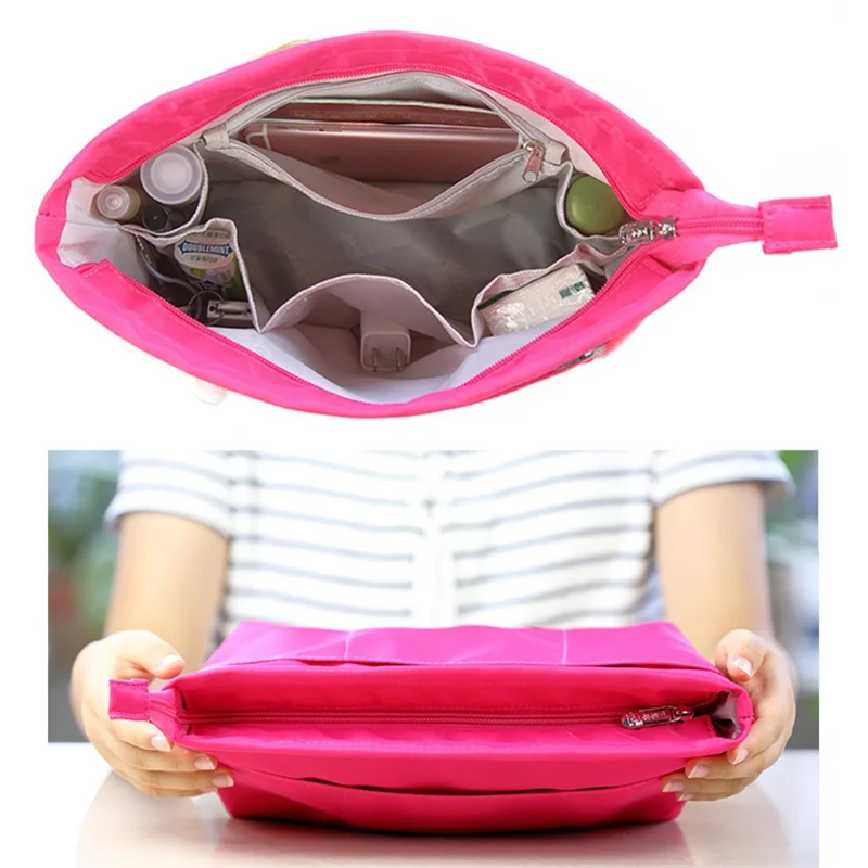 252 Portable Cosmetic Bag Multiple Pockets Nylon Waterproof Travel Makeup Organizer, Size S - Rose