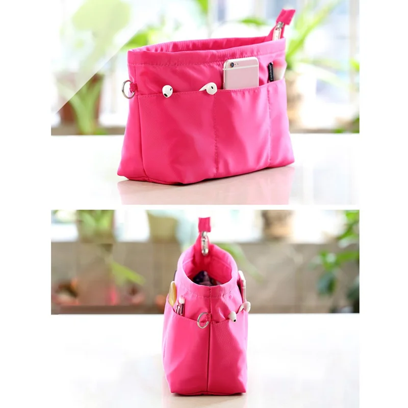 252 Portable Cosmetic Bag Multiple Pockets Nylon Waterproof Travel Makeup Organizer, Size S - Rose