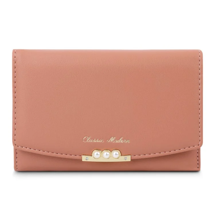 TAILIAN T6223-013 Faux Pearl Decor Women PU Leather Tri-fold Wallet Zipper Coin Purse - Pink