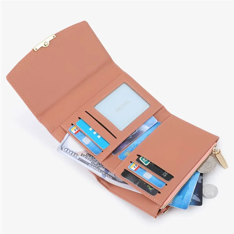 TAILIAN T6223-013 Faux Pearl Decor Women PU Leather Tri-fold Wallet Zipper Coin Purse - Pink