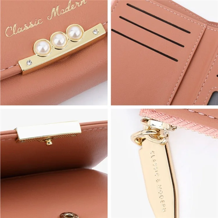 TAILIAN T6223-013 Faux Pearl Decor Women PU Leather Tri-fold Wallet Zipper Coin Purse - Pink