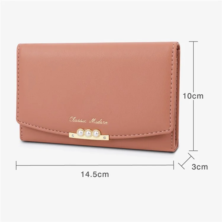 TAILIAN T6223-013 Faux Pearl Decor Women PU Leather Tri-fold Wallet Zipper Coin Purse - Pink