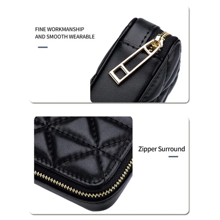 Top-Layer Cowhide Leather Travel Lipstick Storage Bag Mirror Design Zipper Makeup Bag - Black