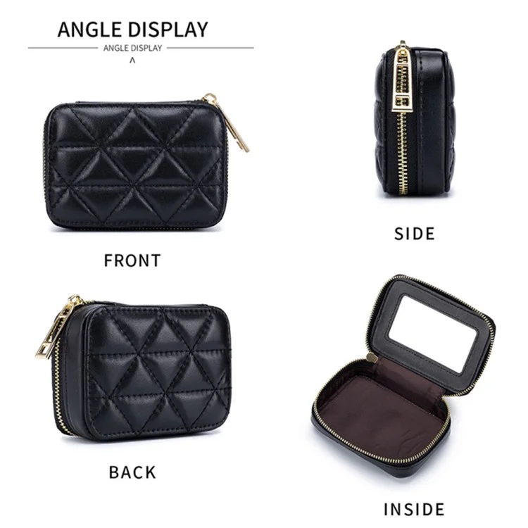 Top-Layer Cowhide Leather Travel Lipstick Storage Bag Mirror Design Zipper Makeup Bag - Black