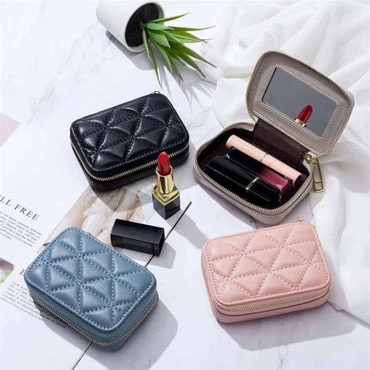 Top-Layer Cowhide Leather Travel Lipstick Storage Bag Mirror Design Zipper Makeup Bag - Black
