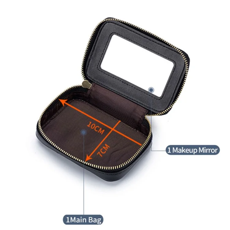 Top-Layer Cowhide Leather Travel Lipstick Storage Bag Mirror Design Zipper Makeup Bag - Black