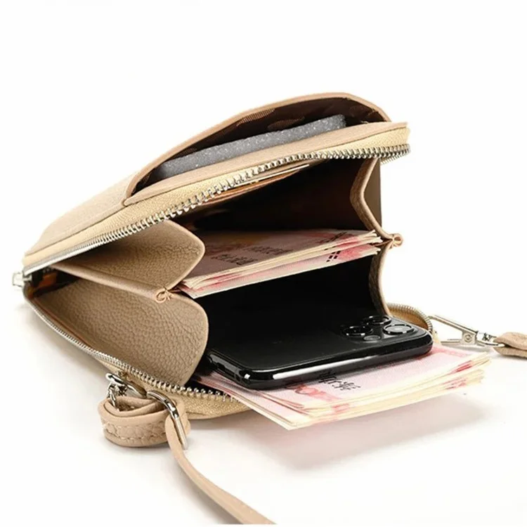 F841 Women's PU Leather Crossbody Bag Purse Cell Phone Carrying Pouch Wallet - Apricot