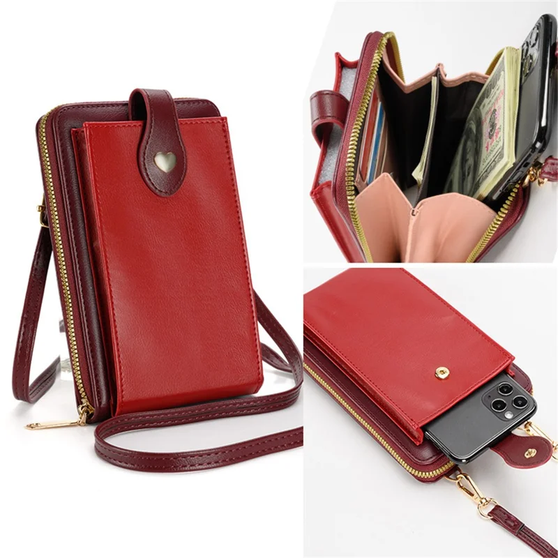 6638 Color Splicing Women PU Leather Cell Phone Storage Crossbody Shoulder Bag - Rot