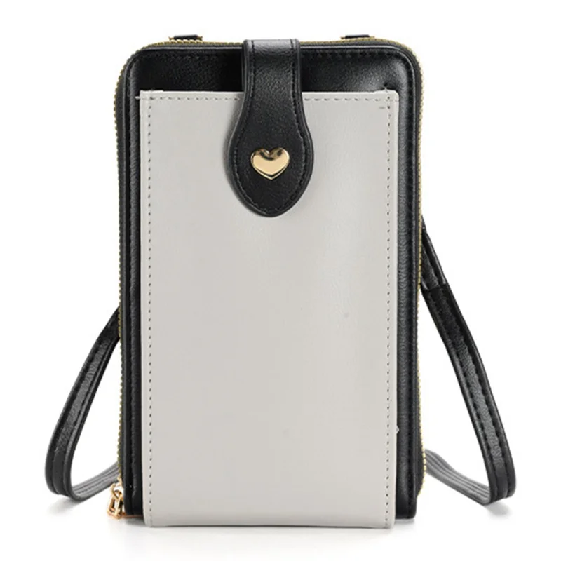 6638 Color Splicing Women PU Leather Cell Phone Storage Crossbody Shoulder Bag - Black