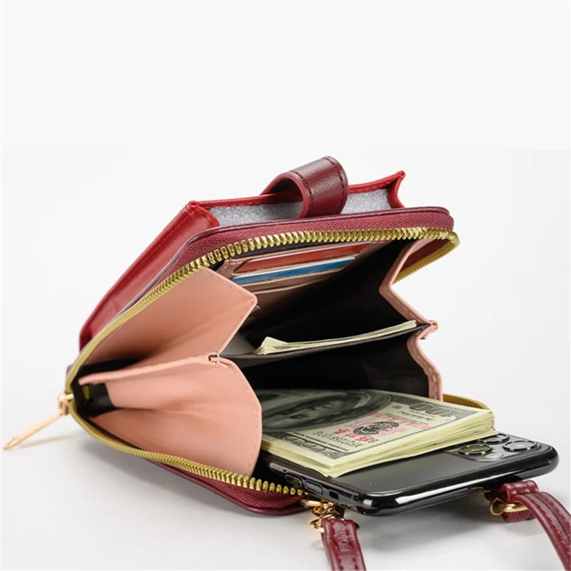 6638 Color Splicing Women PU Leather Cell Phone Storage Crossbody Shoulder Bag - Black