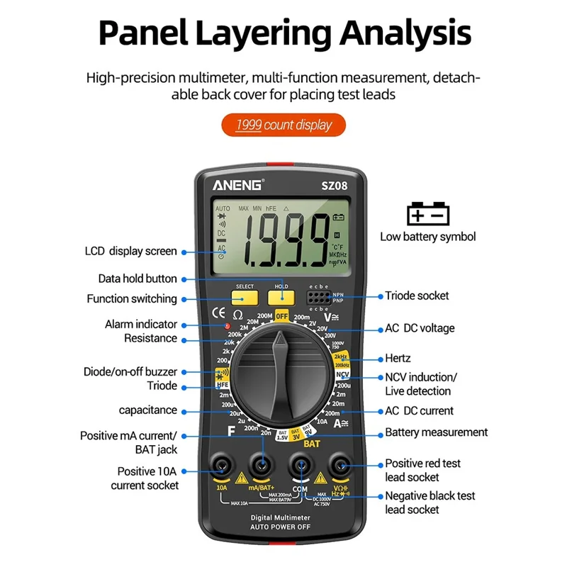 ANENG SZ08 Digital Multimeter Auto Voltmeter AC DC 220V Resistance Handhold Tester - Orange