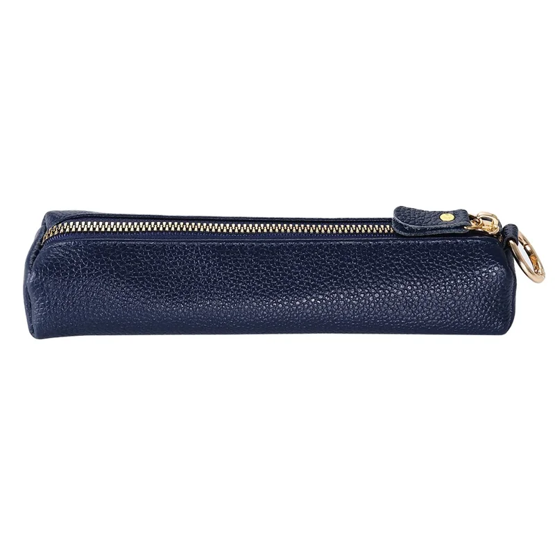 Litchi Texture Cowhide Leather Pencil Case Zipper Stationery Storage Pouch - Sapphire