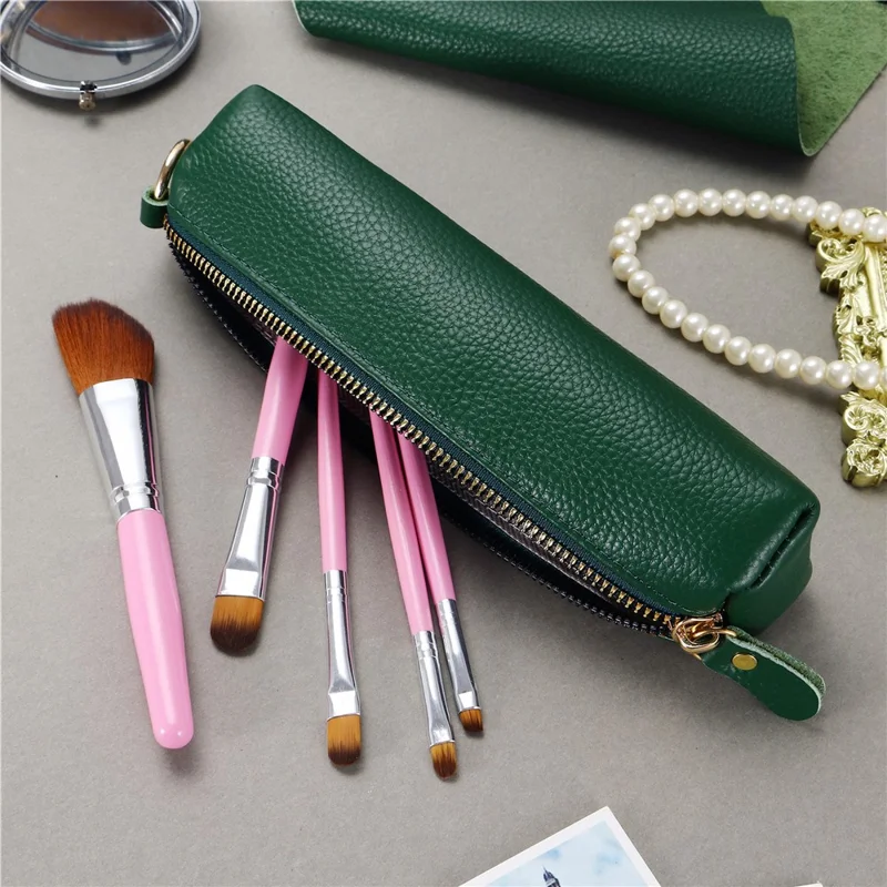 Litchi Texture Cowhide Leather Pencil Case Zipper Stationery Storage Pouch - Sapphire