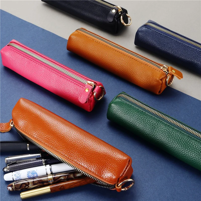 Litchi Texture Cowhide Leather Pencil Case Zipper Stationery Storage Pouch - Sapphire