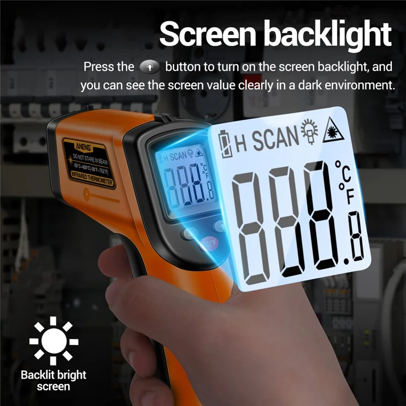 ANENG TH201 Handheld Thermometer LCD Digital IR Laser Sensor Temperature Tester - Orange