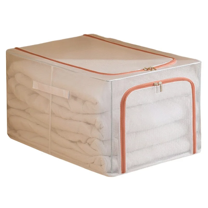 55L Storage Box Transparent PVC Metal Frame Organizer for Clothes Blankets Bedding - Pink