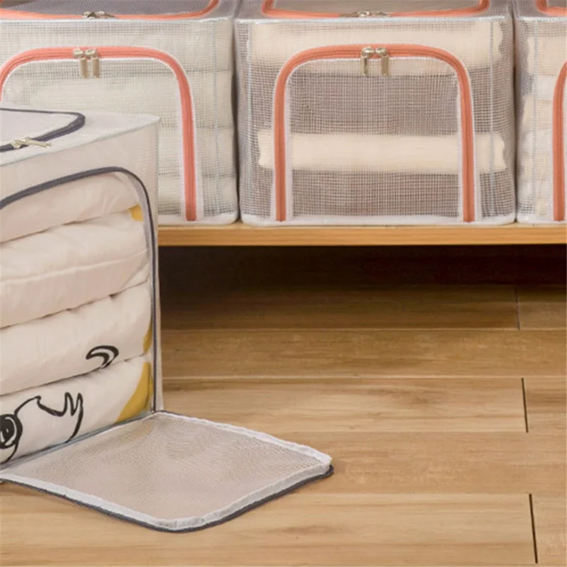 55L Storage Box Transparent PVC Metal Frame Organizer for Clothes Blankets Bedding - Pink