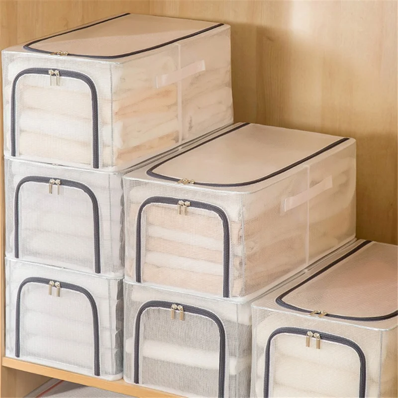 55L Storage Box Transparent PVC Metal Frame Organizer for Clothes Blankets Bedding - Pink